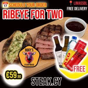 Steak Ribeye for Two, Jacket Potato, Sauce Special Offer Free Drink & Delivery