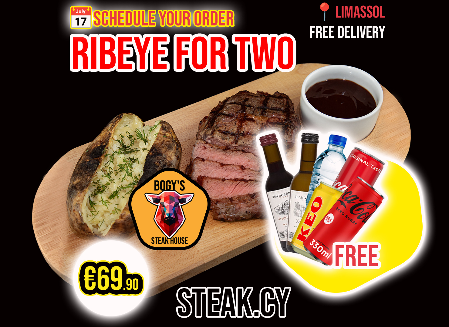 Bogy's Steak House Limassol: стейк рибай на двоих, картофель в мундире, соус, специальное предложение: бесплатный напиток и доставка